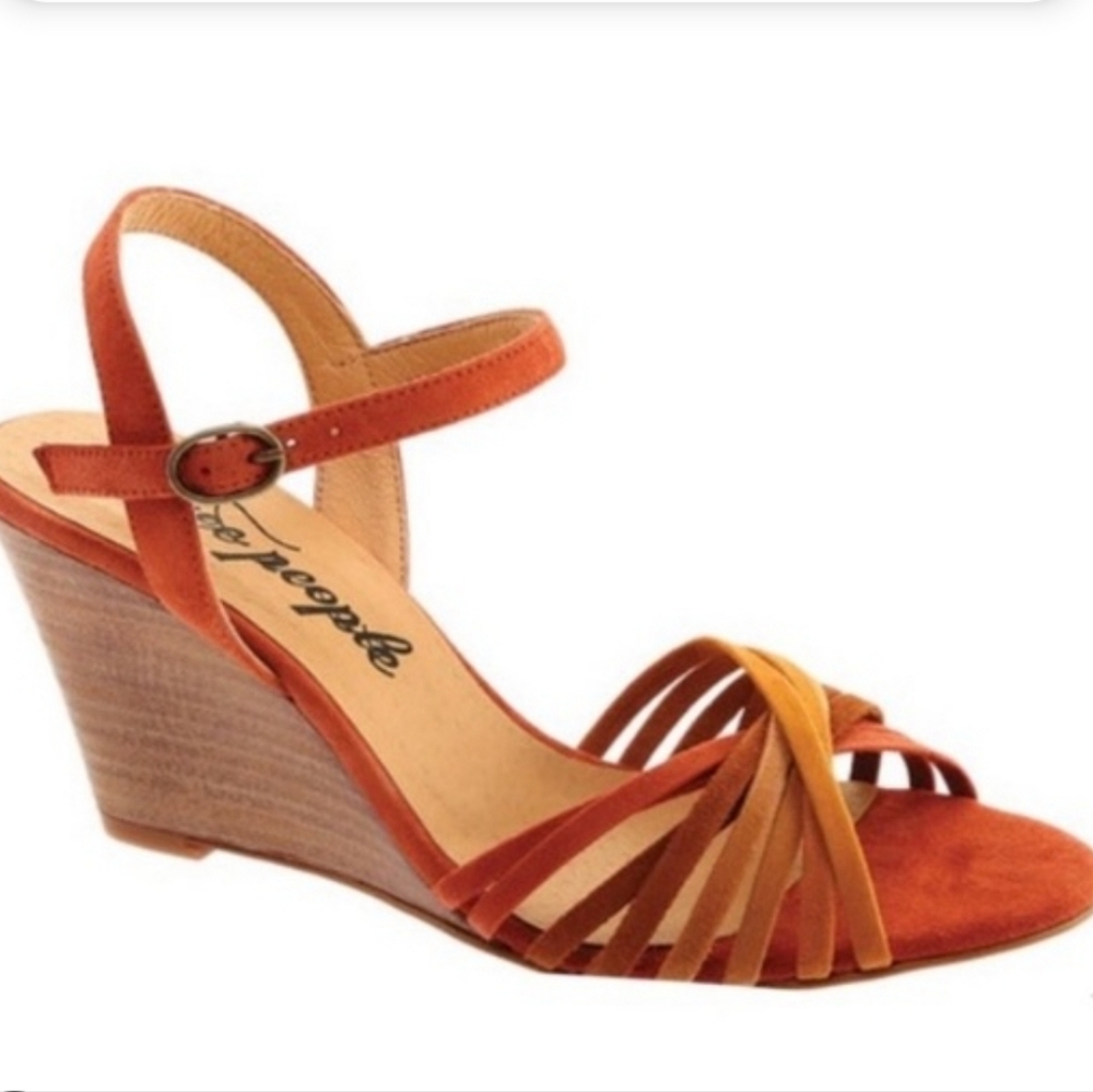 Free People Orange and Yellow Wedge Sandals with Braided Straps Size 7